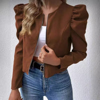 Puff Sleeve Zip-Up Round Neck Cardigan - image 1