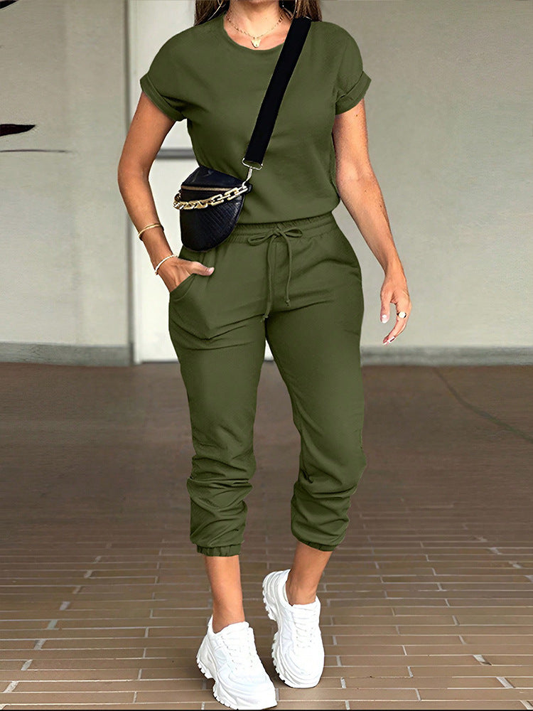 Women's Casual Round Neck Top & Pocket Pants Set