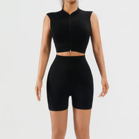 Women's 2 Piece Ribbed Workout Set, Zip Front Sleeveless Crop Top and High Waist Biker Shorts - image 3