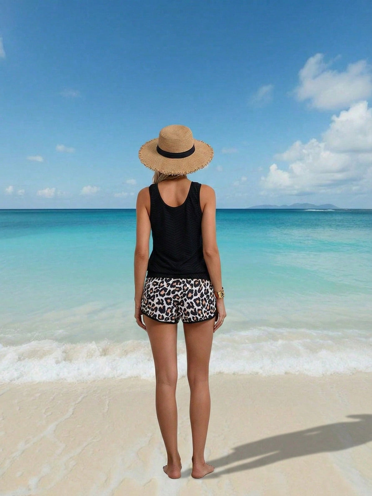 Unique Color Block Tankini Set, Black Textured Top & Leopard Shorts, Streetwear Tummy-Hiding Swimwear - image 5