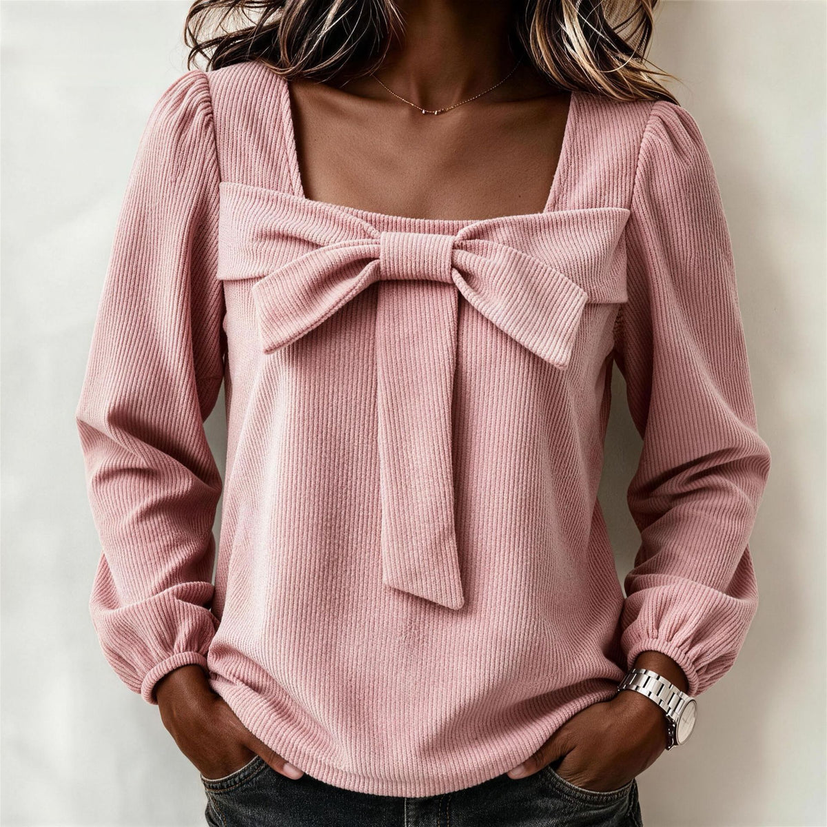 Fashionable Corduroy Top With A V-neck And Long Sleeves - image 6