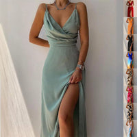 Women's Draped V-Neck Spaghetti Strap Slit Maxi Dress, Fitted Cami Dress - image 1
