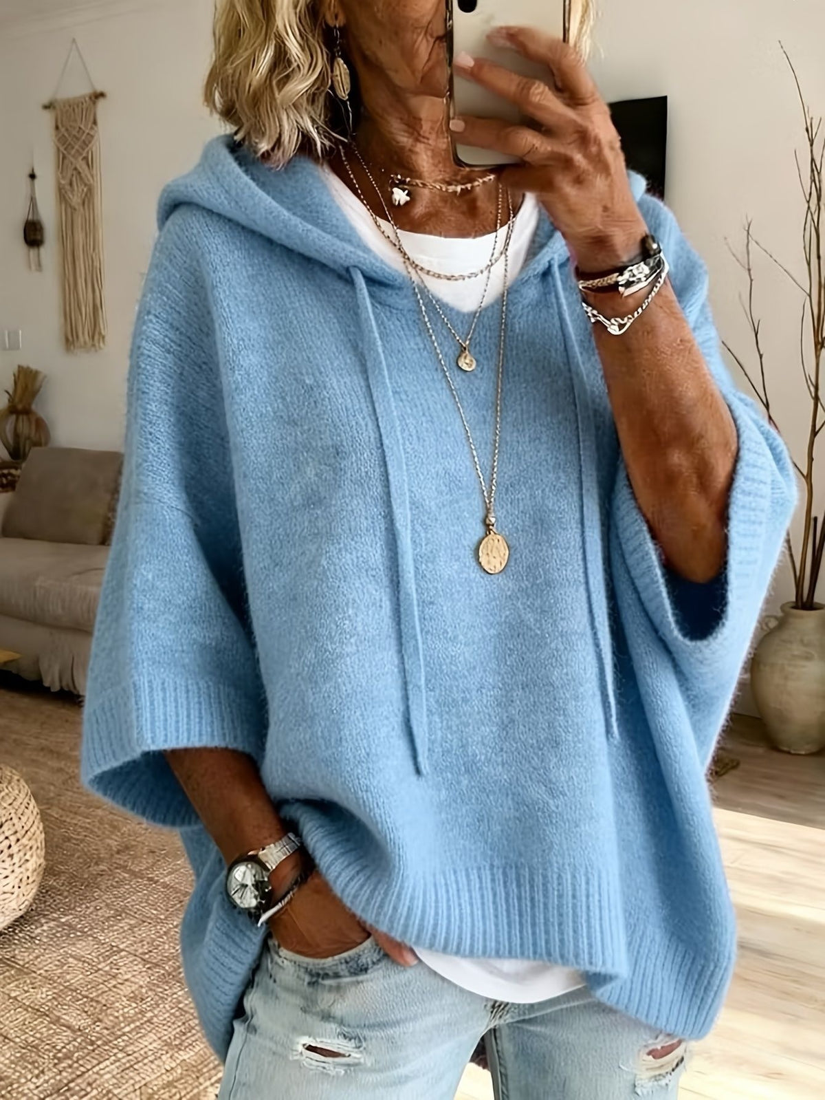 Loose Knit Hooded Pullover with Drawstring - image 10
