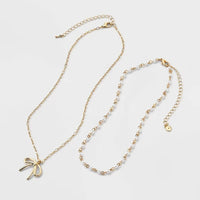Acrylic Pearl & Bow Necklace Set 2 Pc - Gold - image 1