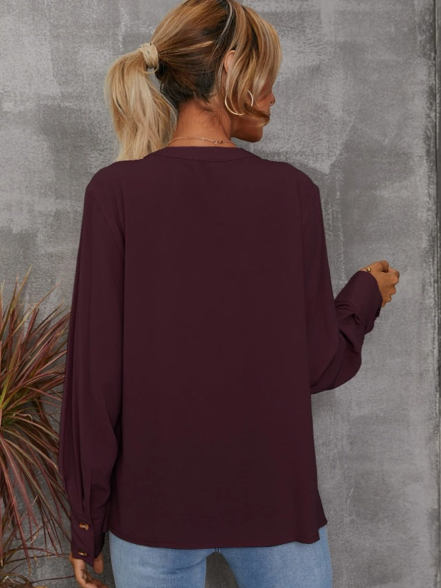 Solid Notched Buttoned Cuff Blouse,Long Sleeve Tops - image 5