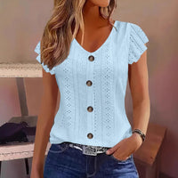 Solid Color Jacquard V-neck Buttons Long Sleeve T-shirt - image 4