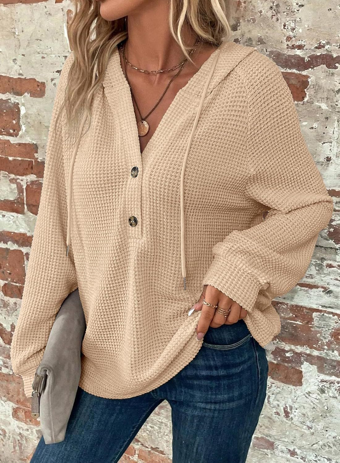 Waffle Hooded Sweater Sweatshirt Fashion Casual Long-sleeved Drawstring V-neck Buttons Top Women's Clothing - image 6