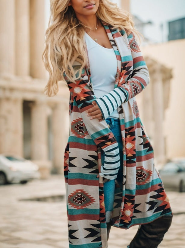 Women's Sweater - Multicolor Geometric Color Block Open Front Long Cardigan - image 3