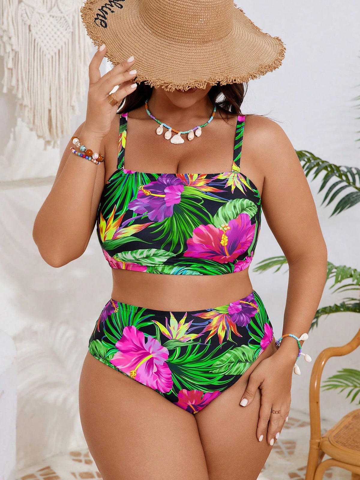 Women's Plus Size Tropical Floral Bandeau Bikini Set - image 3
