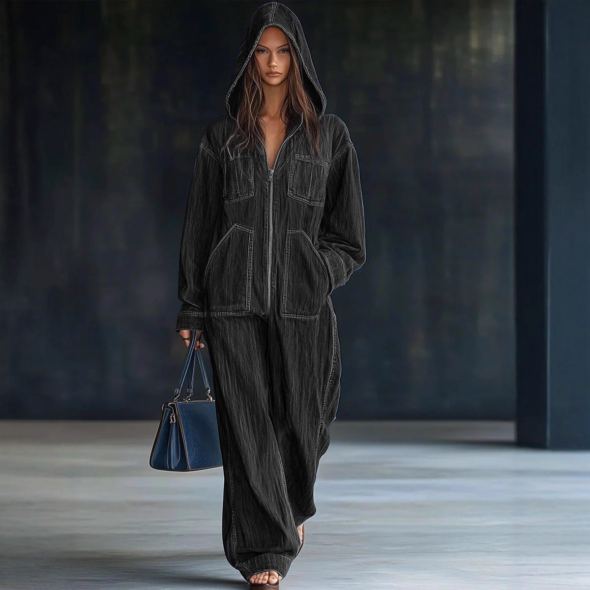 Women's Hooded Denim Jumpsuit, Wide Leg Zip-Up Overalls