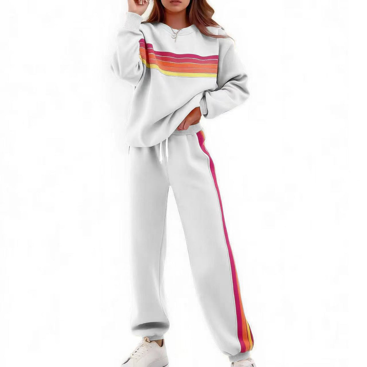 Round Neck Loose Color Stripes Elastic Waist Pants Sweater Suit - image 9