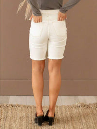White High-Waist Frayed Bermuda Denim Shorts - image 5