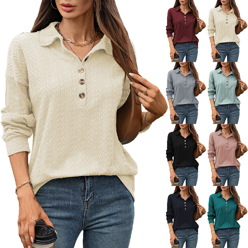 Solid Color Polo Collar Button Loose Long Sleeve Sweatershirt - image 2