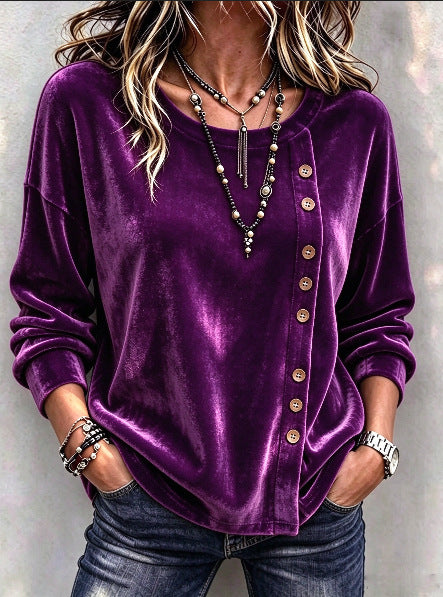 Velvet Asymmetric Button Long Sleeve Top - image 8