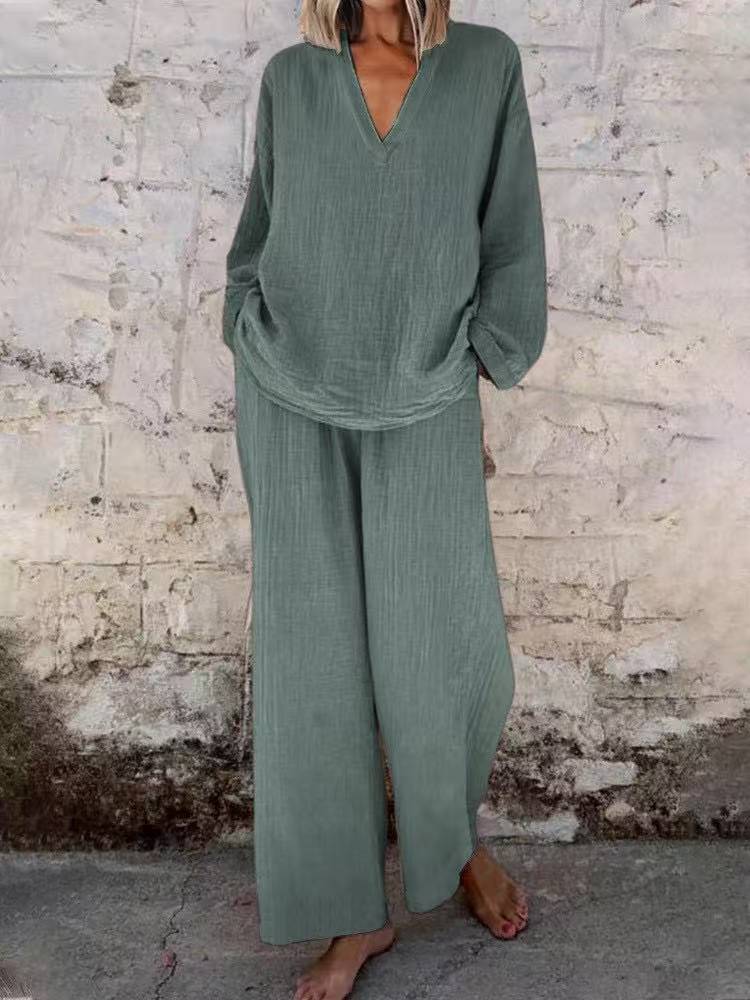 Women's Solid Color Casual V-neck Pullover Long Sleeve Trousers Suit - image 3