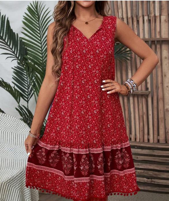 Holiday Spun Rayon Printed V-neck Dress For Women