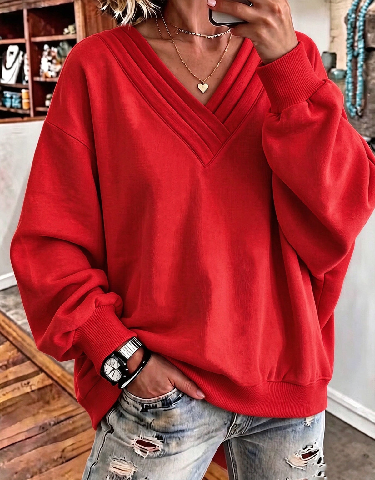 Women's Loose V-Neck Brushed Hoodie - image 10