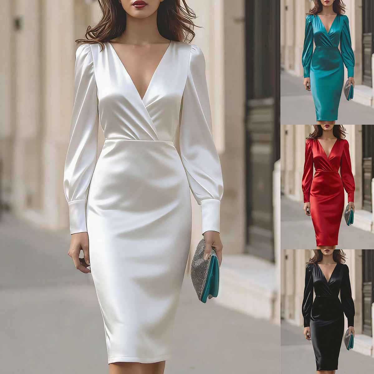 V-Neck Satin Long Sleeve Bodycon Dress - image 2