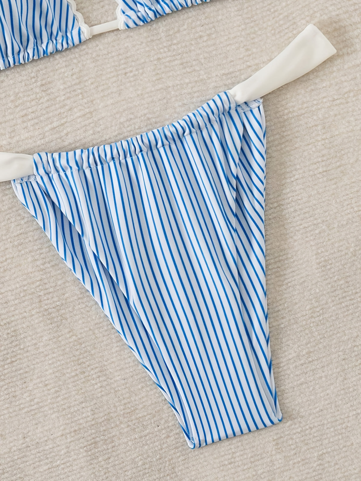 Blue White Stripe Ruffle Ruched High Cut Triangle Bikini Set - image 2