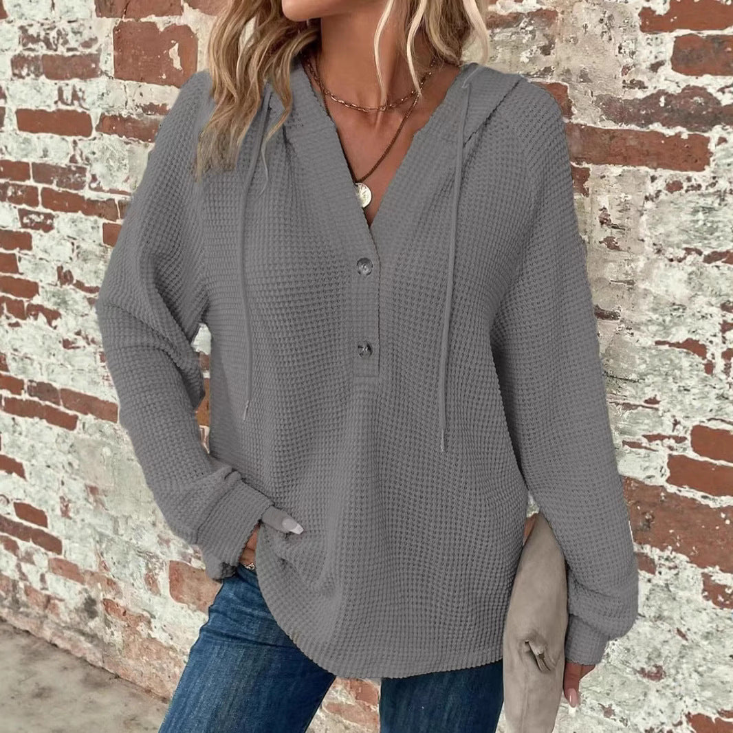 Waffle Hooded Sweater Sweatshirt Fashion Casual Long-sleeved Drawstring V-neck Buttons Top Women's Clothing - image 4