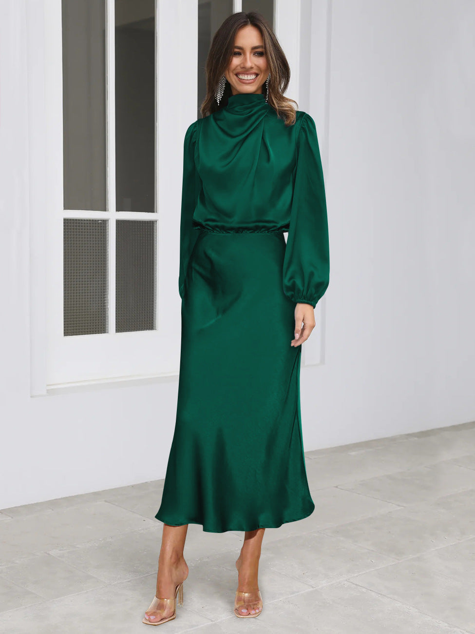Women's Satin Mock Neck Long Sleeve Midi Dress - image 9