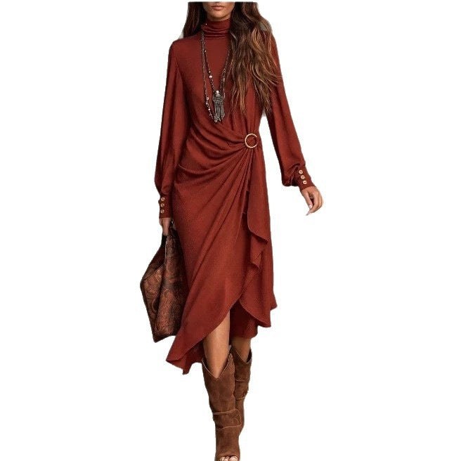 High Collar Long Sleeve Asymmetric Maxi Dress - image 5
