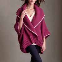 Knit Cape Shawl Coat with Contrast Trim - image 2