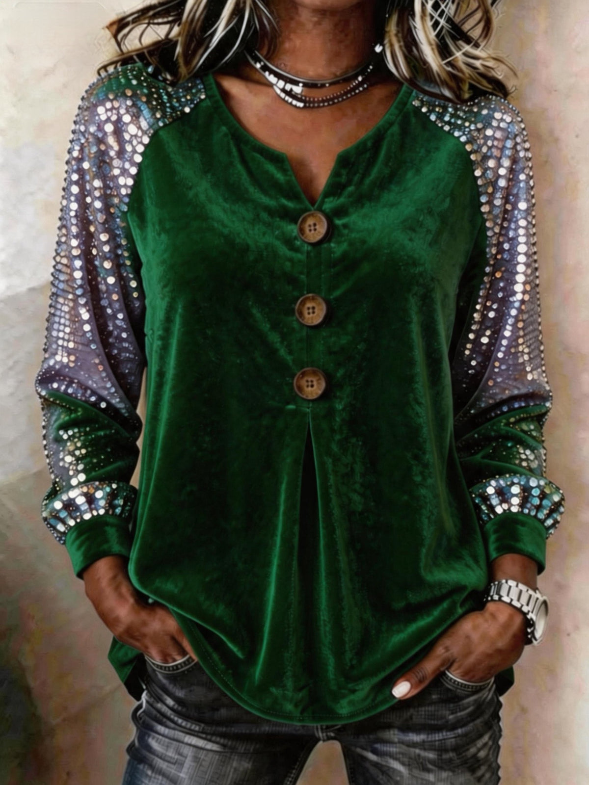 Button And Sequin Long-sleeve Womens Casual Top - image 12