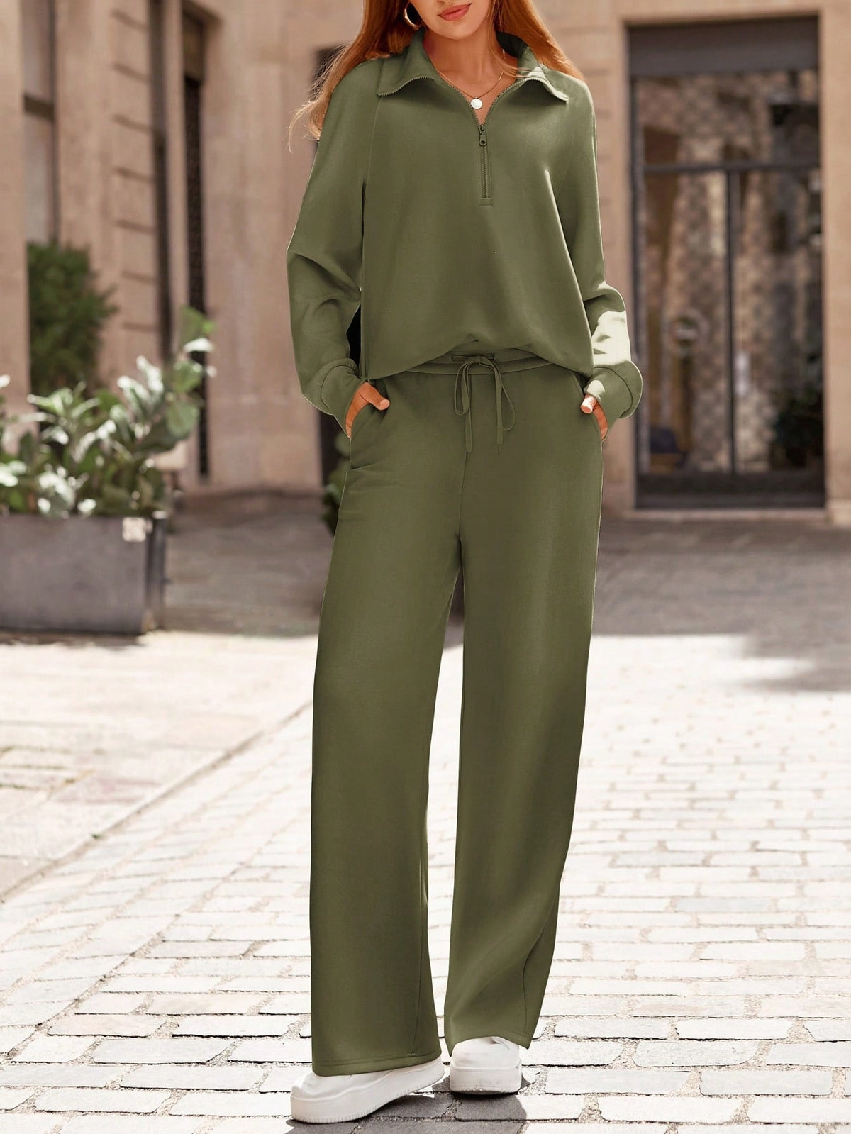 Women's Half-Zip Lapel Casual Two-Piece Set
