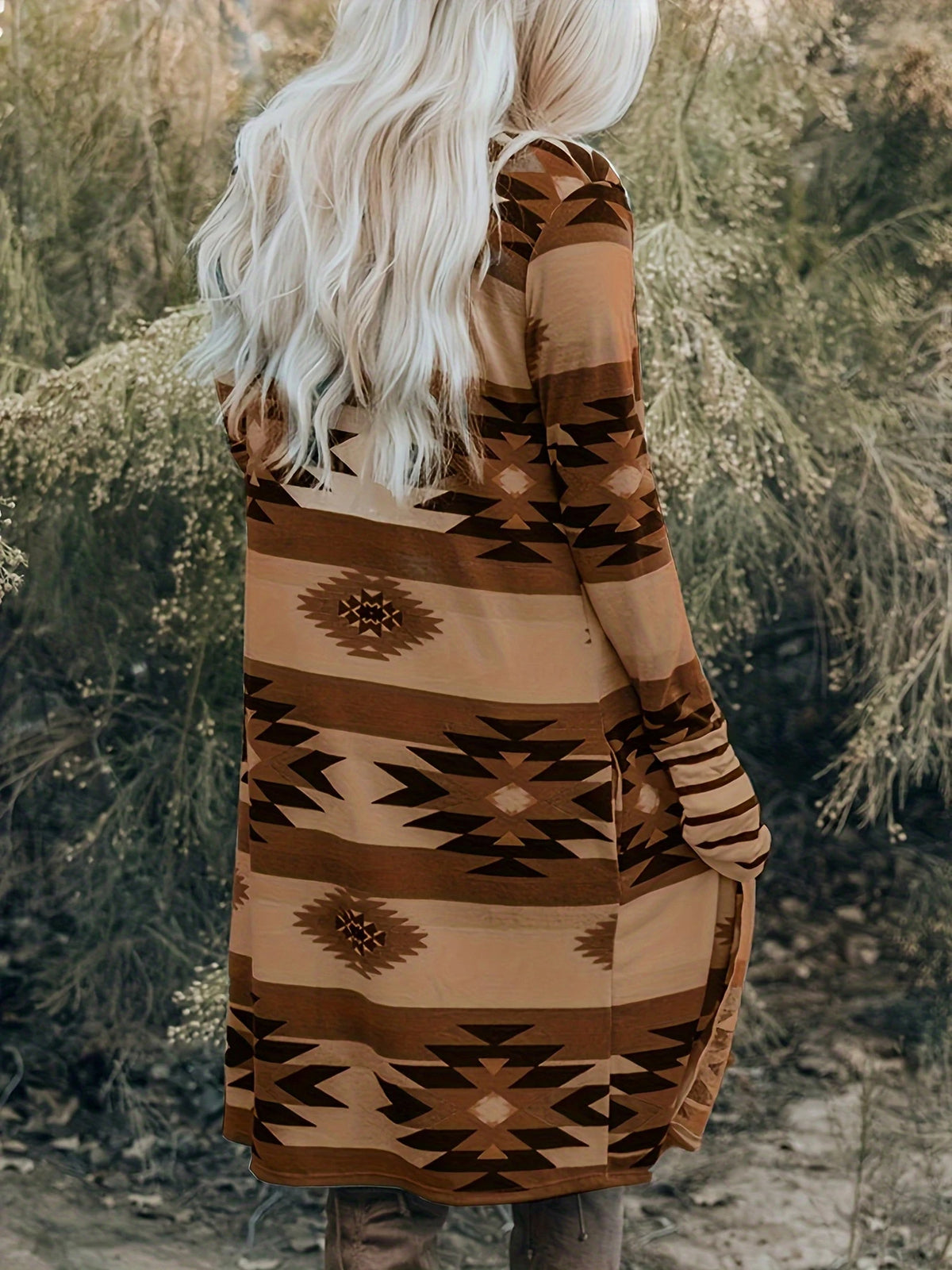 Women's Sweater - Multicolor Geometric Color Block Open Front Long Cardigan - image 6
