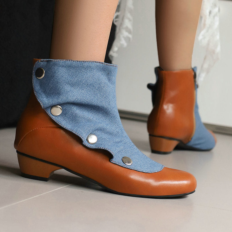 Denim Panel Western Chunky Heel Ankle Boots - image 4
