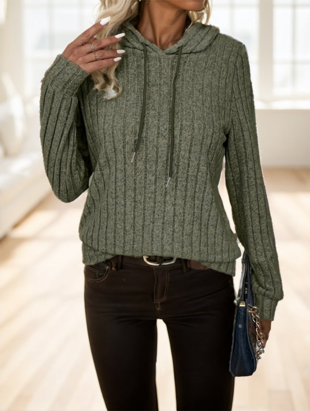 Solid Color Drawstring Ribbed Hoodie - image 5