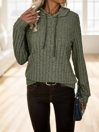 Solid Color Drawstring Ribbed Hoodie - image 5
