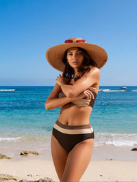 Women's Brown Color Block Bandeau Bikini, High Waist - image 3