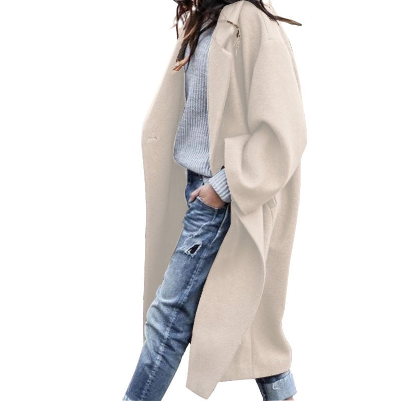 Women's Long Woolen Lapel Coat with Pockets, Khaki Single Breasted Winter Overcoat - image 8