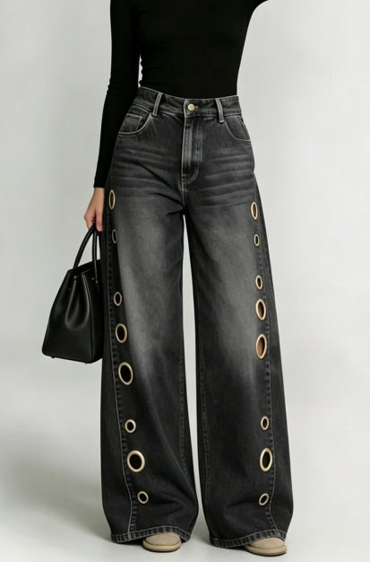 Jeans anchos negros con ojales de tiro alto - image 7