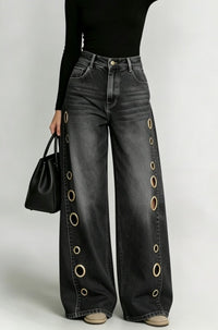 Jeans anchos negros con ojales de tiro alto - image 7