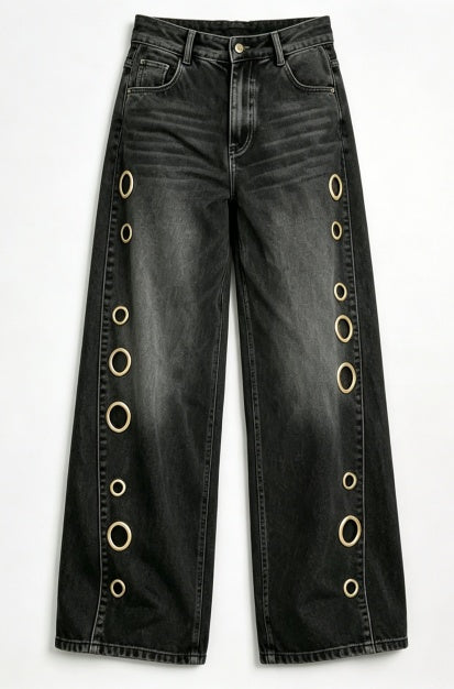 Jeans anchos negros con ojales de tiro alto - image 5