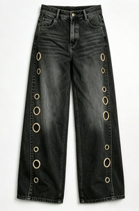 Jeans anchos negros con ojales de tiro alto - image 5