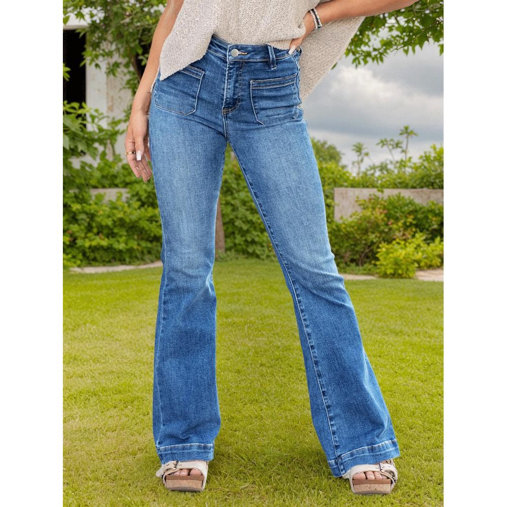 Jeans acampanados de tiro alto con doble bolsillo frontal