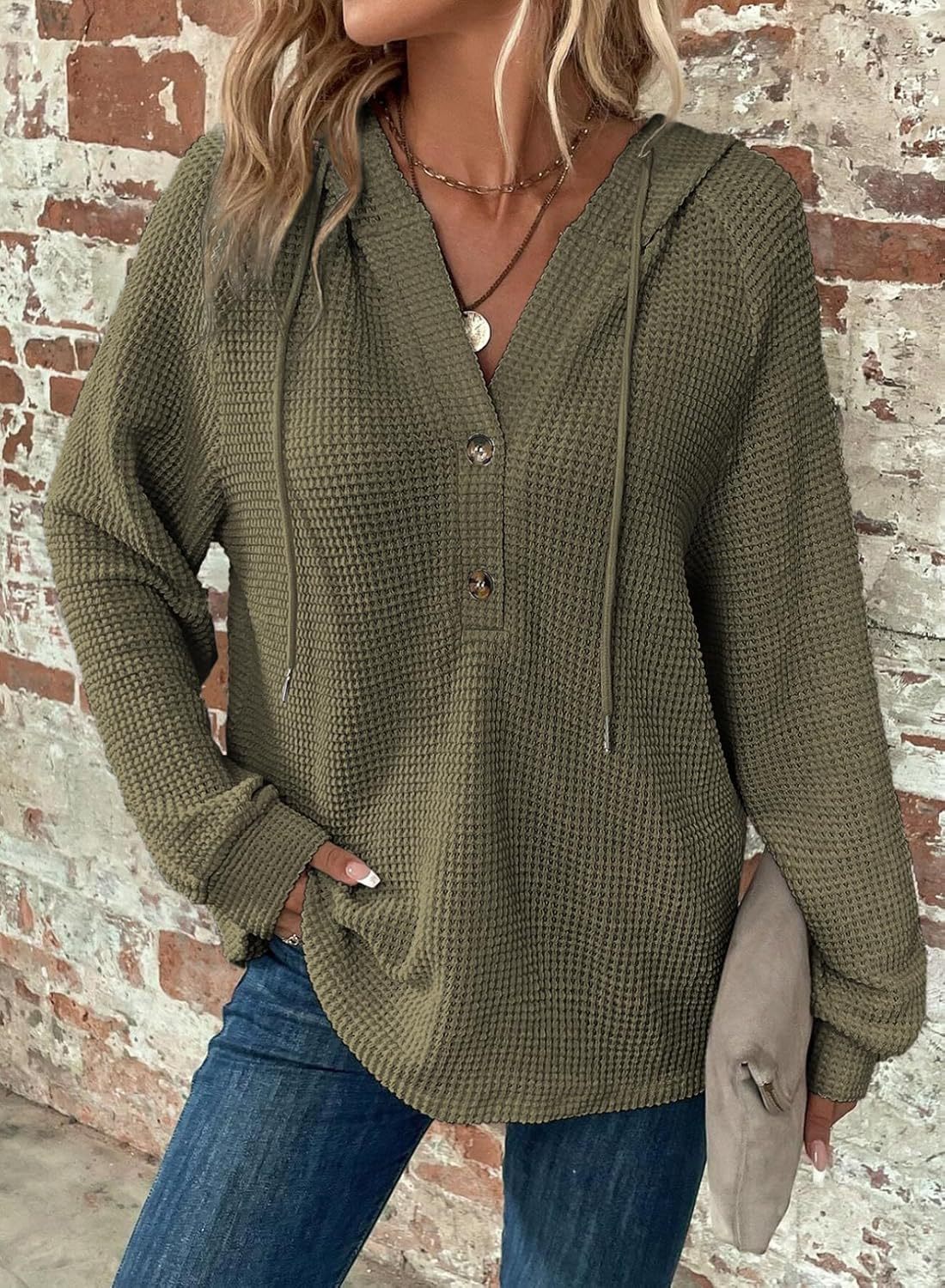 Waffle Hooded Sweater Sweatshirt Fashion Casual Long-sleeved Drawstring V-neck Buttons Top Women's Clothing - image 9