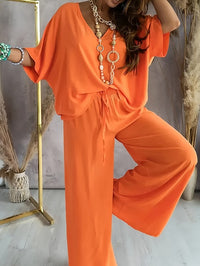Women's 2 Piece Outfit, Casual Solid Color V-Neck Half Sleeve Top And Wide Leg Pants Lounge Set - image 1