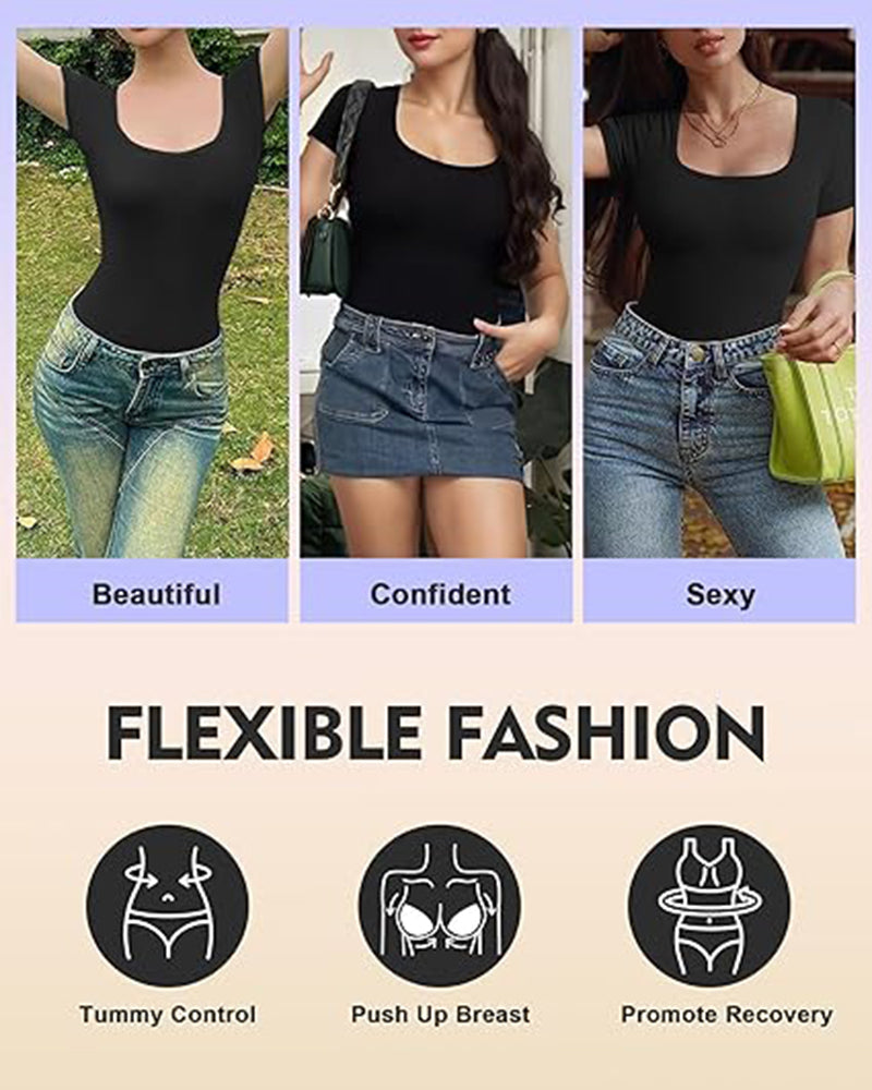Seamless Square Neck Bodysuit For Women Tummy Control Short Sleeve Thong Shapewear Slim Fit Body Sculpting - image 6