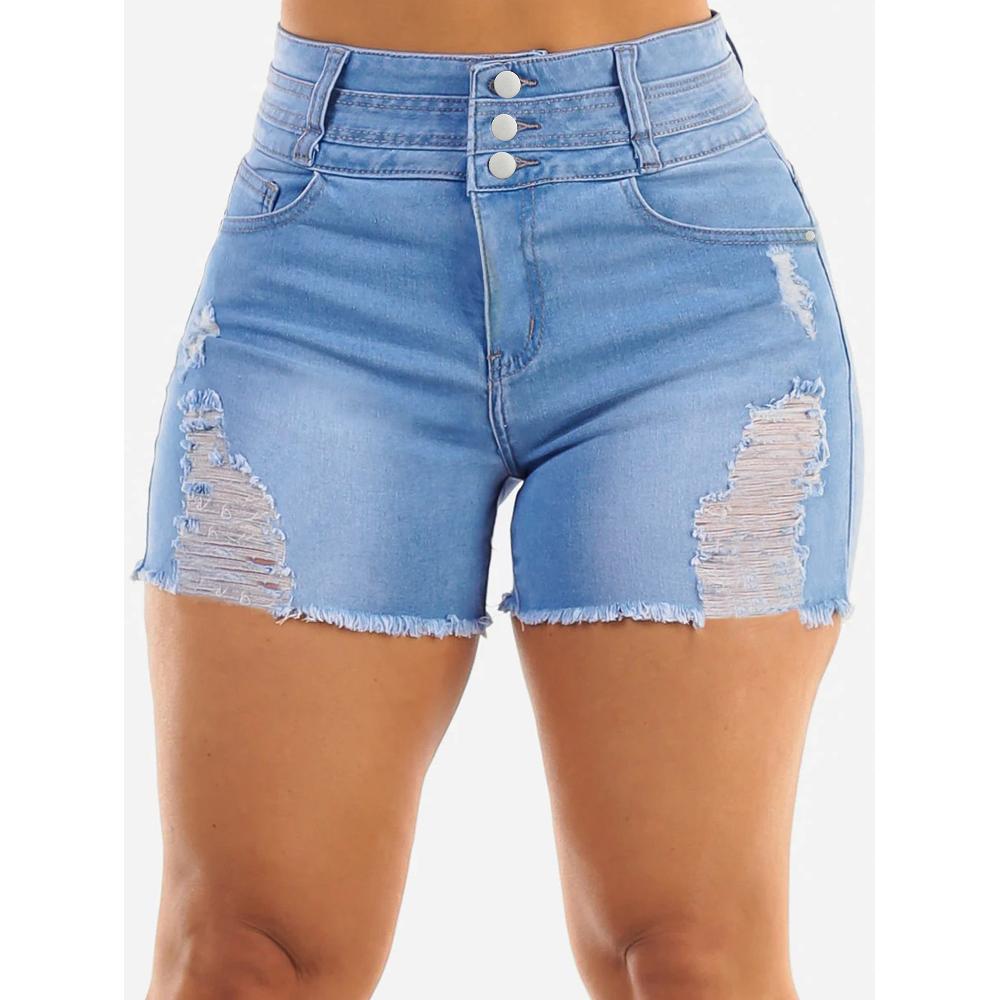 Three-Button Ripped Frayed Denim Shorts