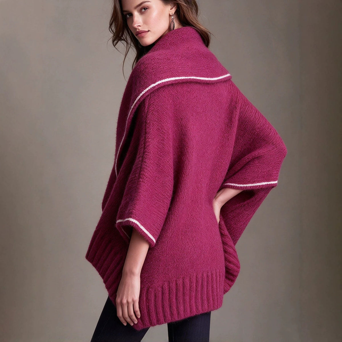 Knit Cape Shawl Coat with Contrast Trim - image 3