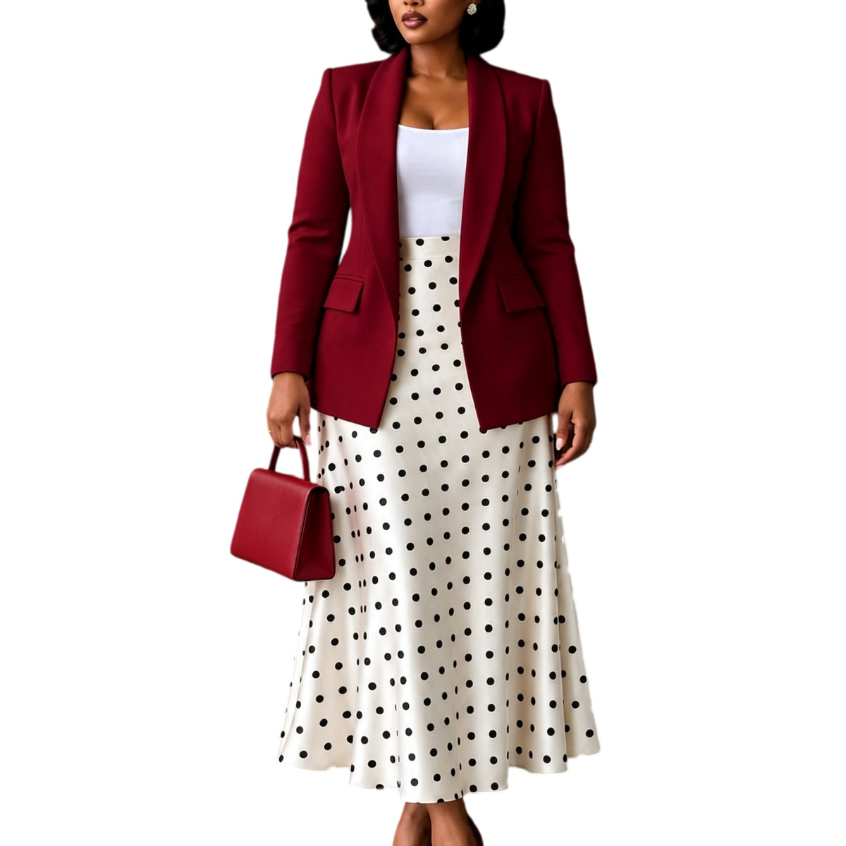 Blazer and Polka Dot Flared Midi Skirt Set - image 5