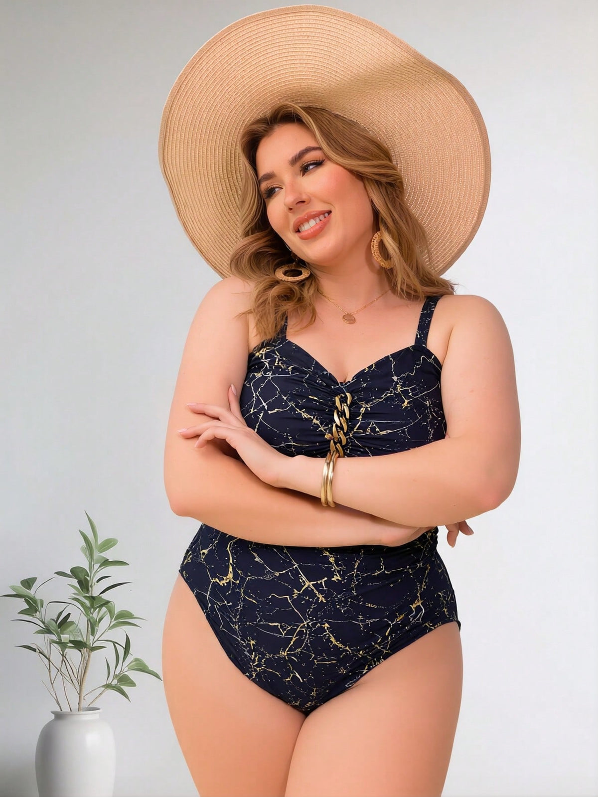 Women's Plus Size Navy Marble Print One-Piece Swimsuit with Gold Chain - image 3