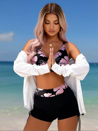 Women's Black Pink Floral Twist Bikini with Boyleg Shorts - image 4