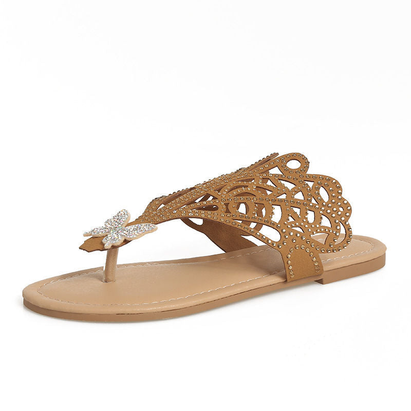 Slip-on Flip-toe Sandals Women's Rhinestone Hollow Flat-heeled Slippers - image 6