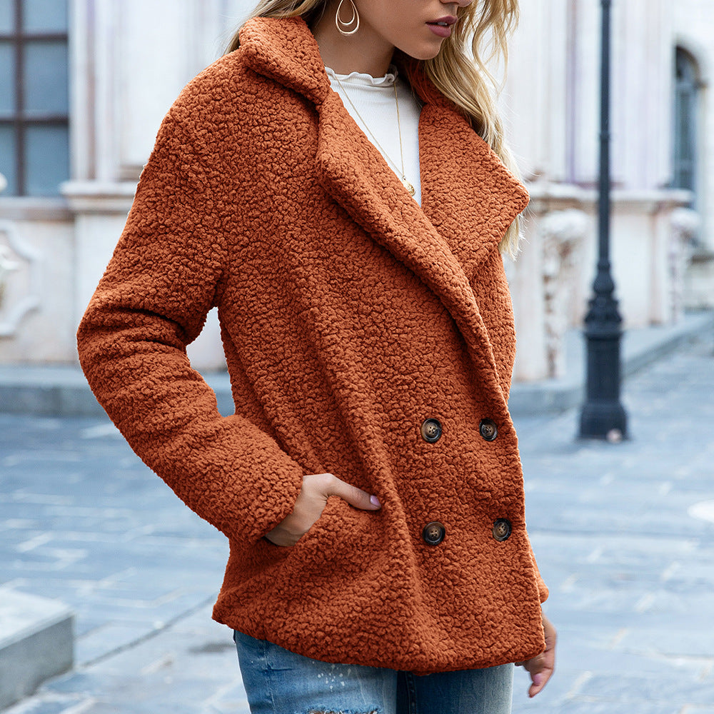 Women's Fuzzy Teddy Coat, Lapel Double Breasted Winter Jacket with Pockets - image 7